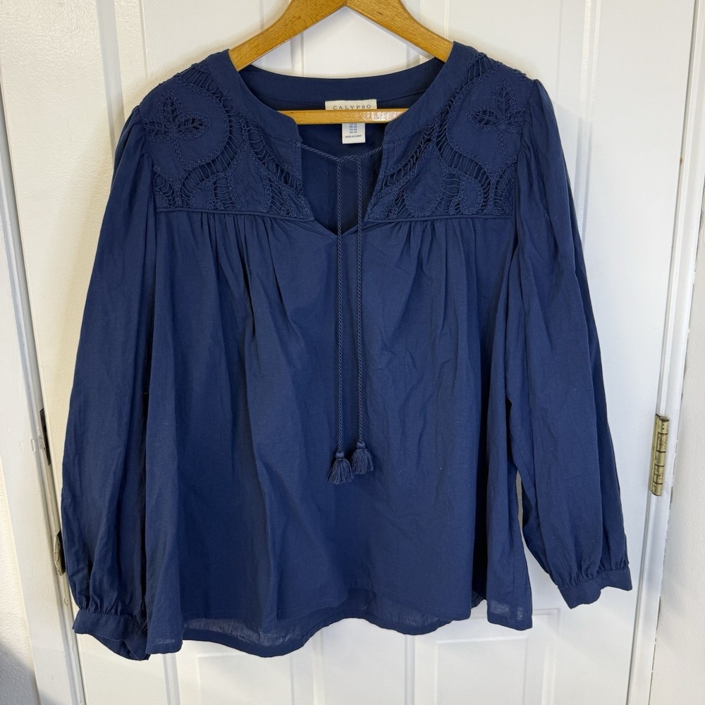 Calypso‎ St Barth Embroidery Peasant Tassels Navy Cotton Boho Resort Women Sz 1X